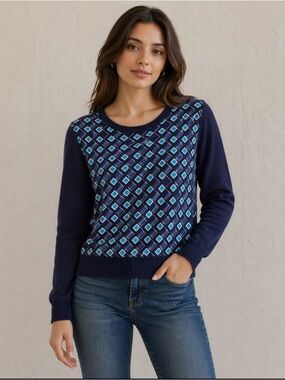 Diane Von Furstenberg knit sweater. Large navy knit with silk pattern front